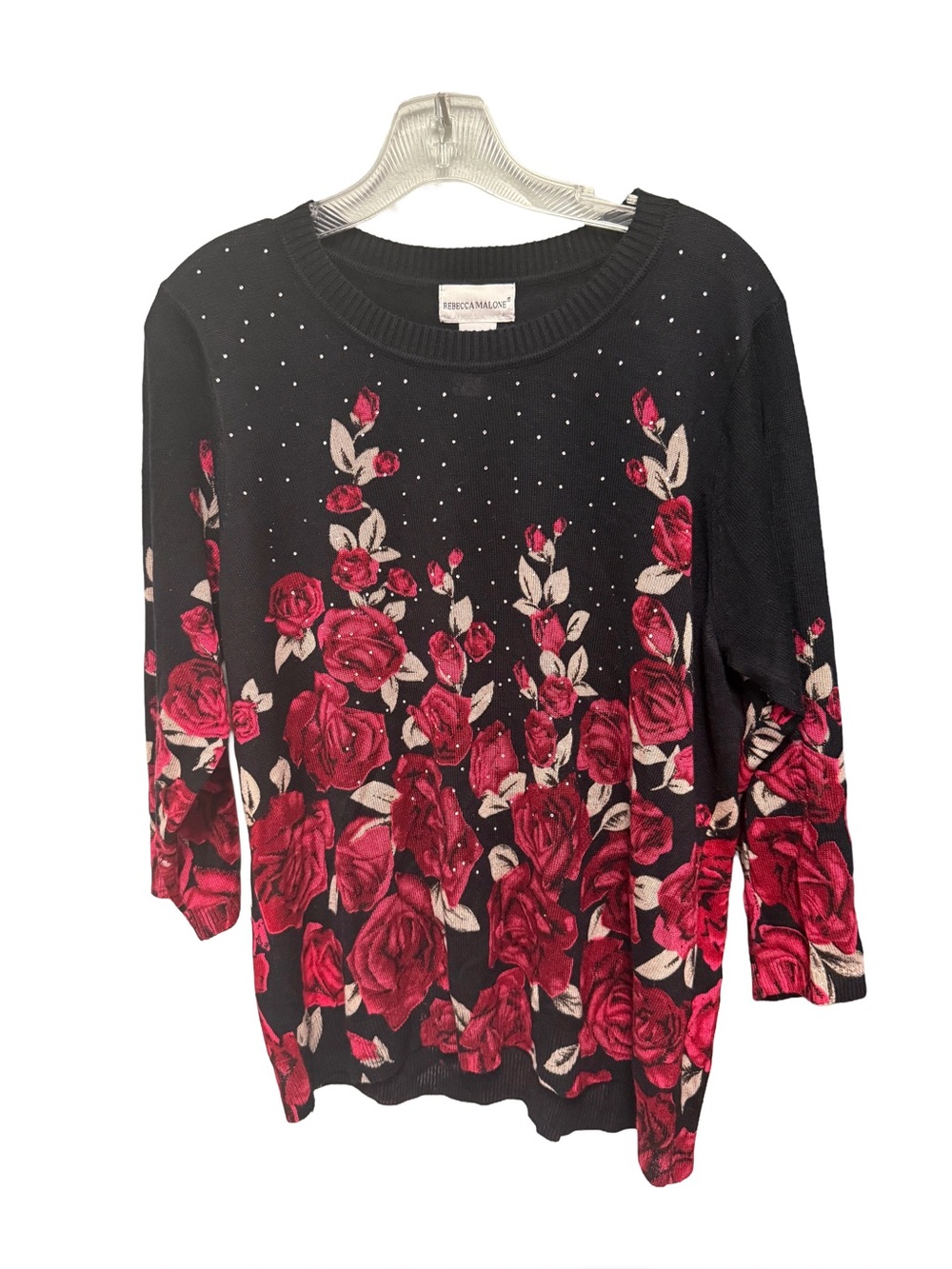 Rebecca Malone Women's XL Black Lightweight Sweater with Red Rose and Rhinestone